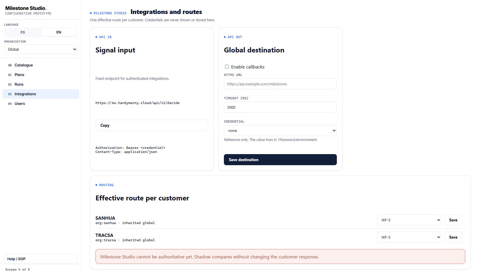 Integraciones, API y rutas por cliente